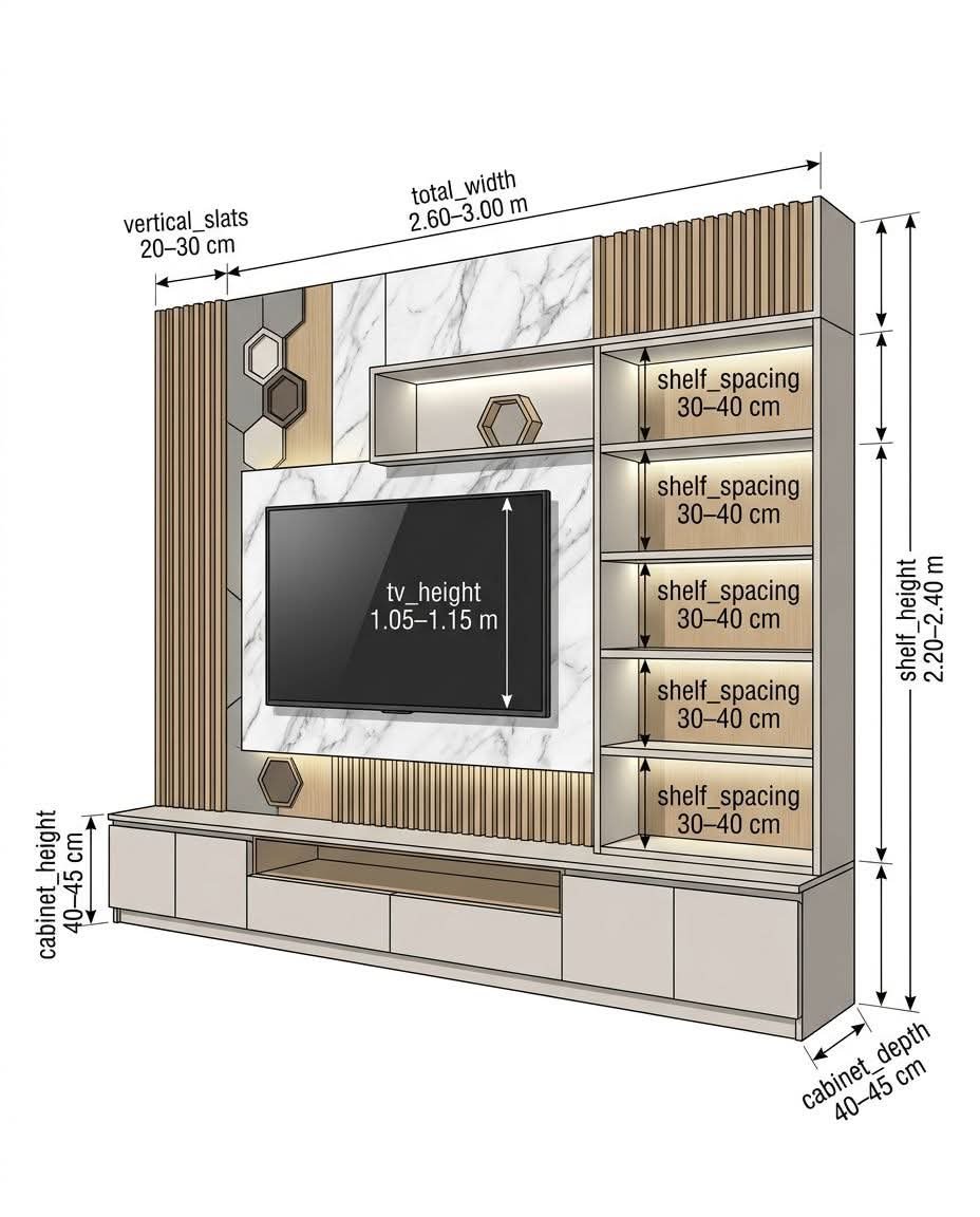 Gambar Teknis Dimensi Backdrop TV Virsua Interior